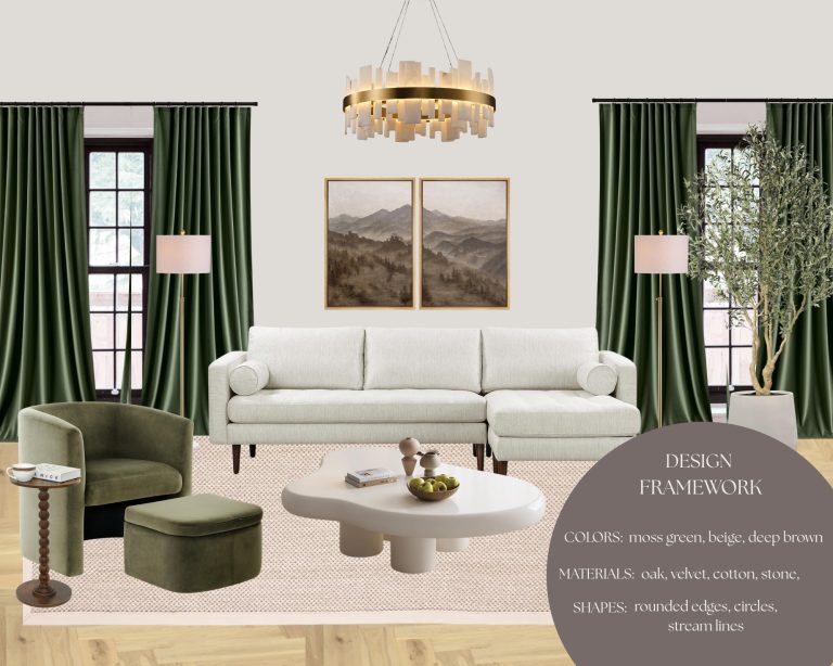 Modern living room featuring a white sectional sofa, moss green velvet armchair with ottoman, sculptural white coffee table, and wood-accented side and console tables. Decor includes deep green curtains, floor lamps, framed landscape art, and a contemporary chandelier in a neutral-toned space. Design framework contains: moss green, beige and warm brown colors. Material selection includes oak, velvet, cotton and stone. Most used shapes in this interior are circles, stream lines and organic shapes.